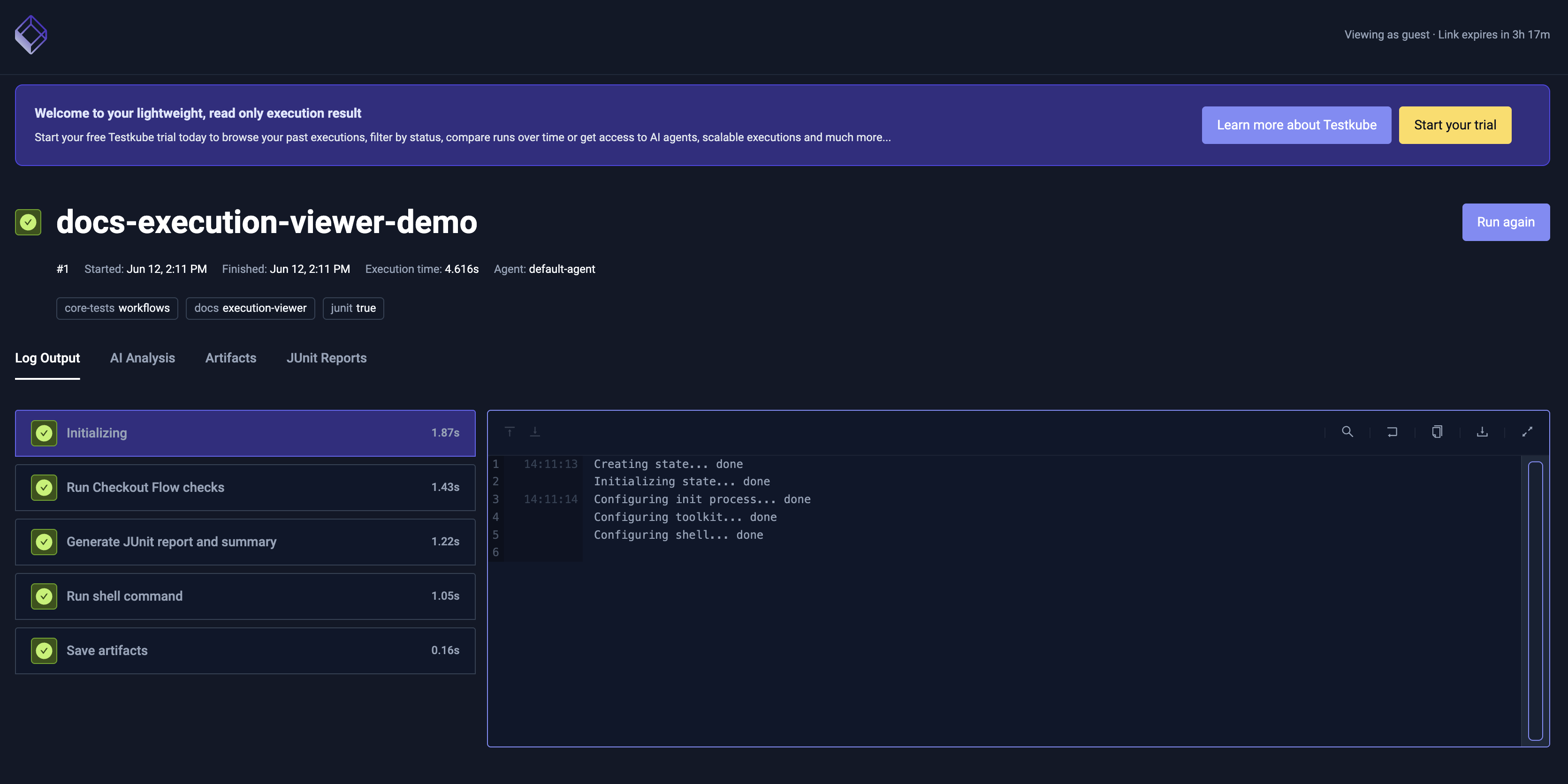 Terminal output showing the generated view.testkube.io link after running testkube view